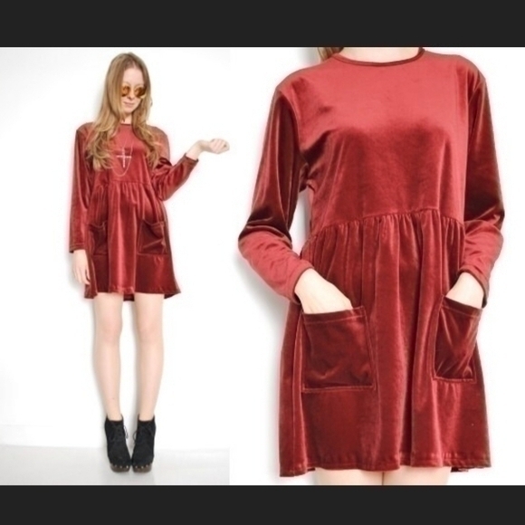 VINTAGE 90S CRANBERRY VELVET POCKET DRESS SZ M L - Picture 1 of 11